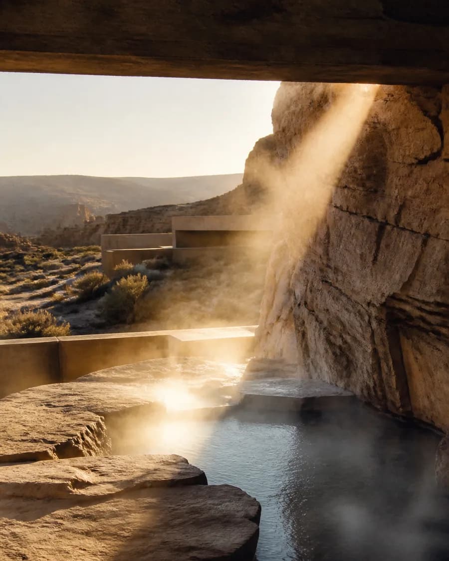 Steam lifting off a bathing pool cut into pale rock, one shaft of sunlight entering from above