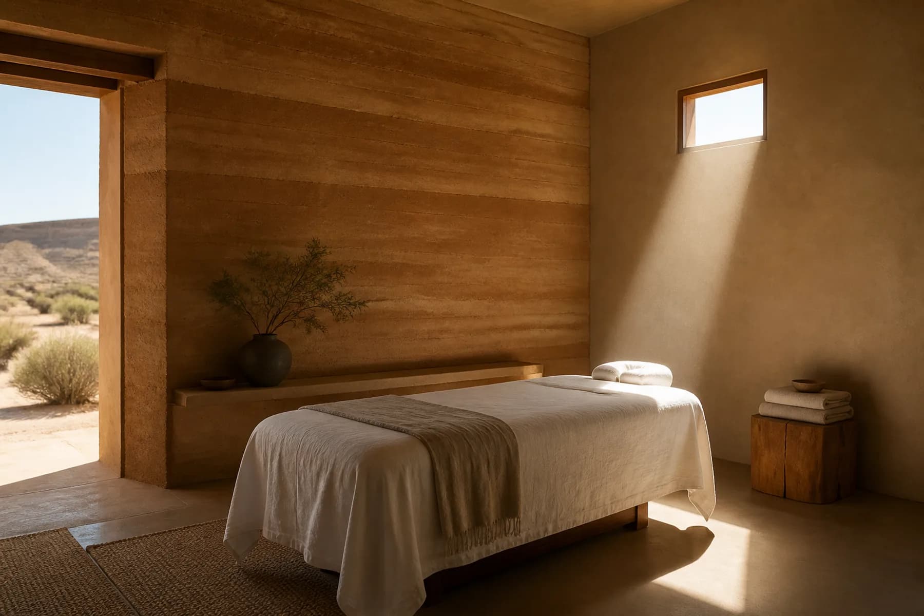 A treatment room with earthen walls, a massage table dressed in white and one beam of light from a high window