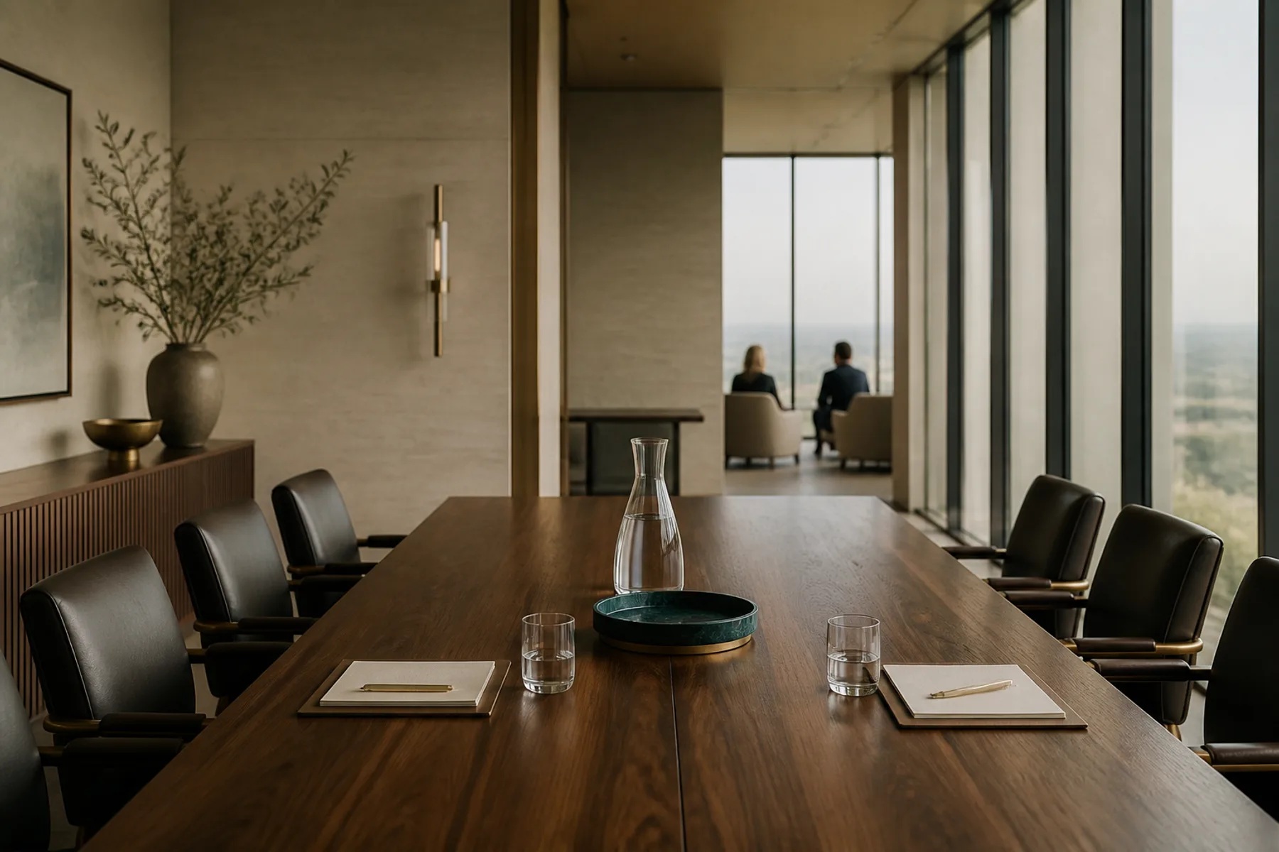 A long boardroom table under high windows in an old bank building