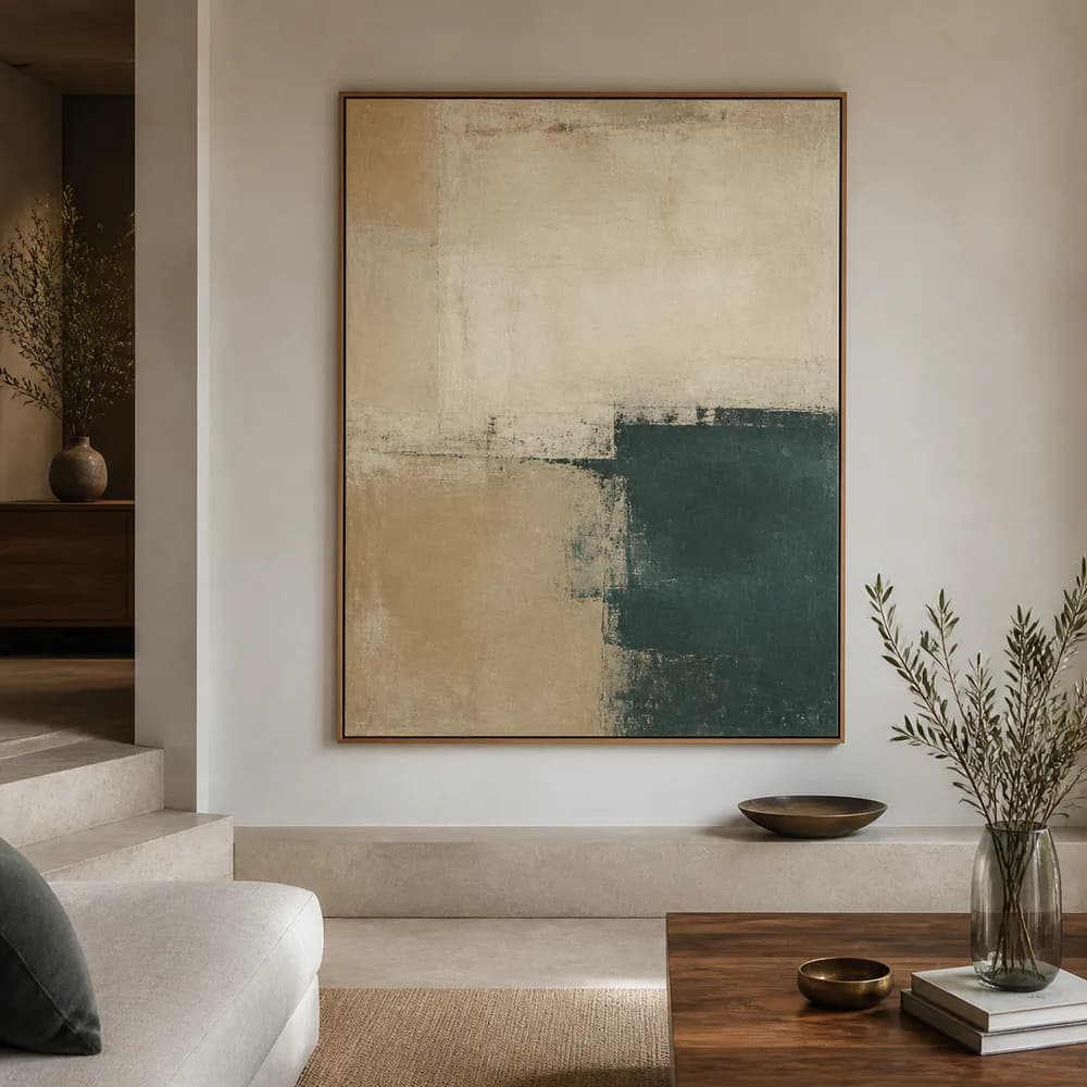 A small dark pastoral oil painting hanging on wood panelling