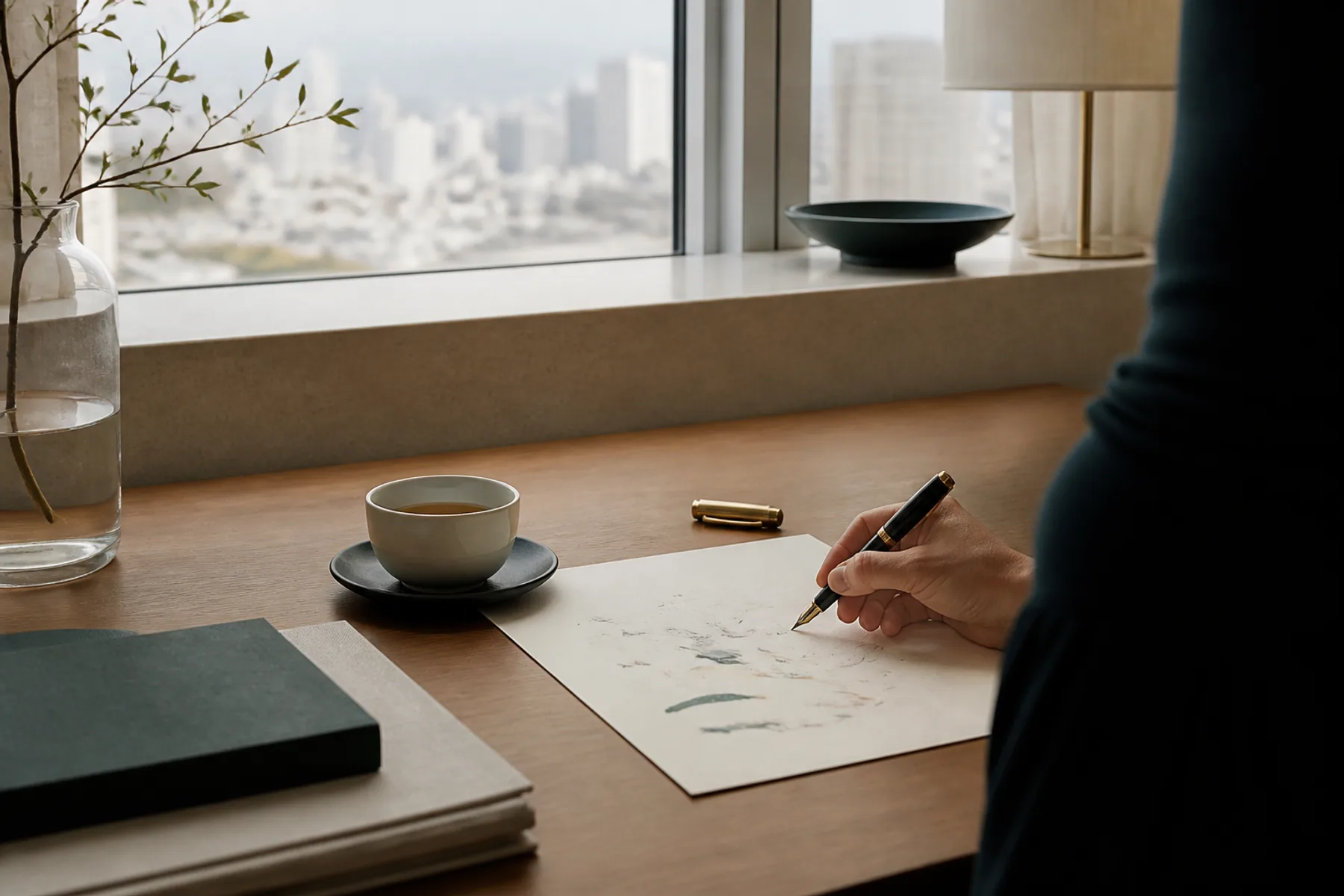 A writing desk seen over the shoulder: a half-finished letter, an ink bottle and a folded newspaper