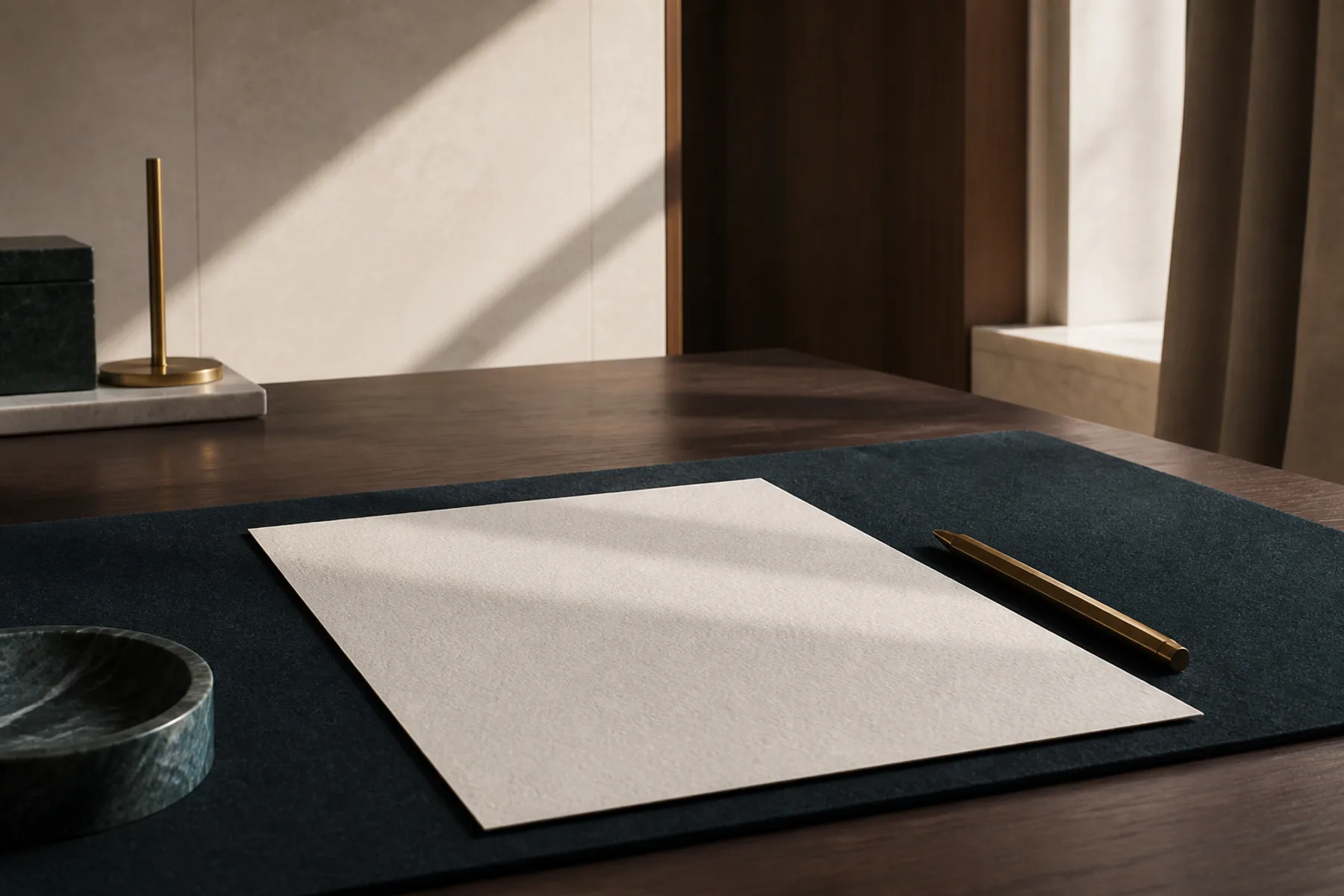 A document laid on dark felt beside a brass seal press, raking light showing the paper grain