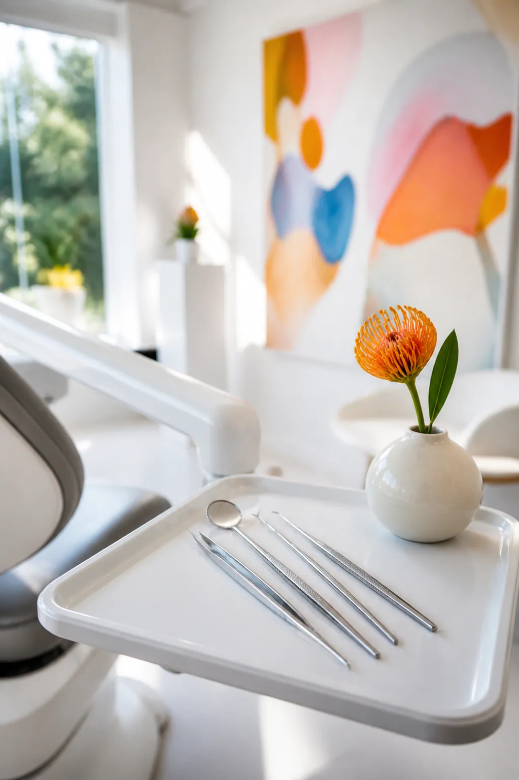 A tray of instruments laid out on white, with a single orange flower in a small vase beside it.
