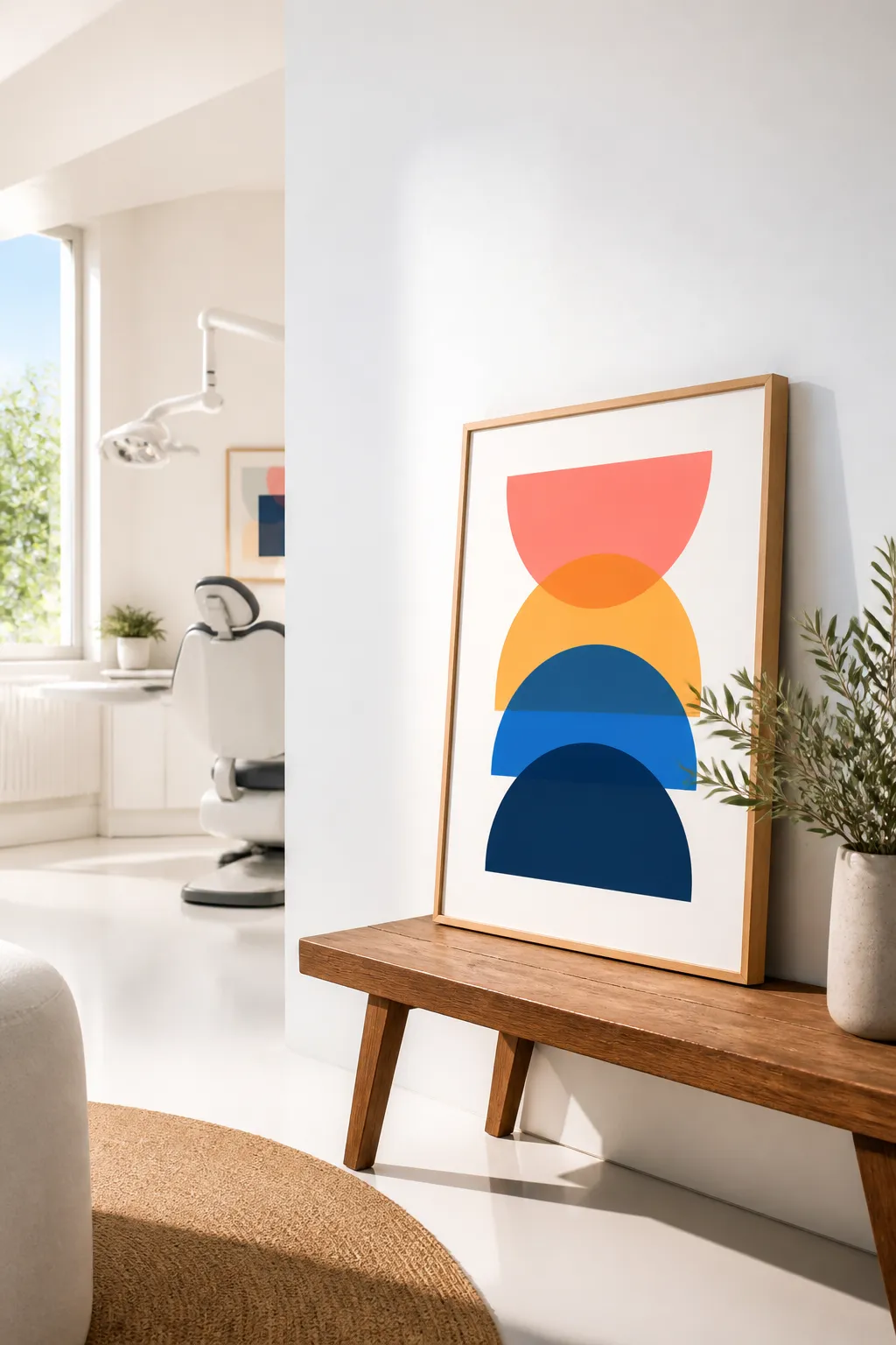A framed print of overlapping half circles leaning against a white wall on a wooden bench.