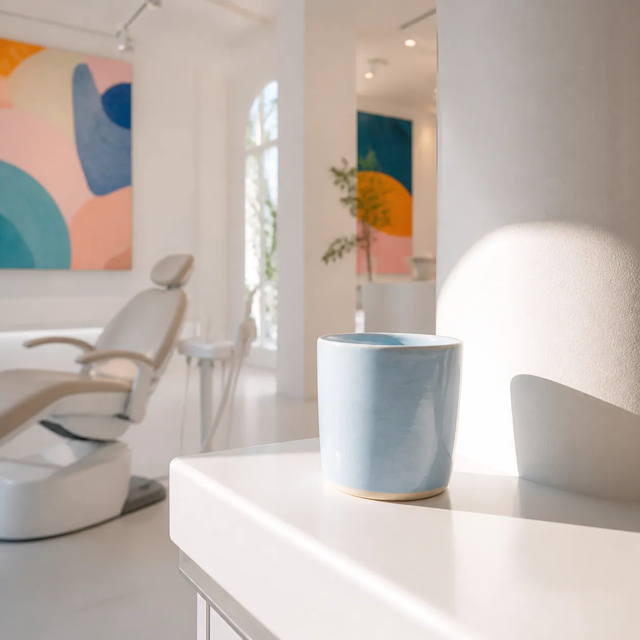 A pale blue rinse cup on the edge of a white counter, with one band of afternoon light across it.