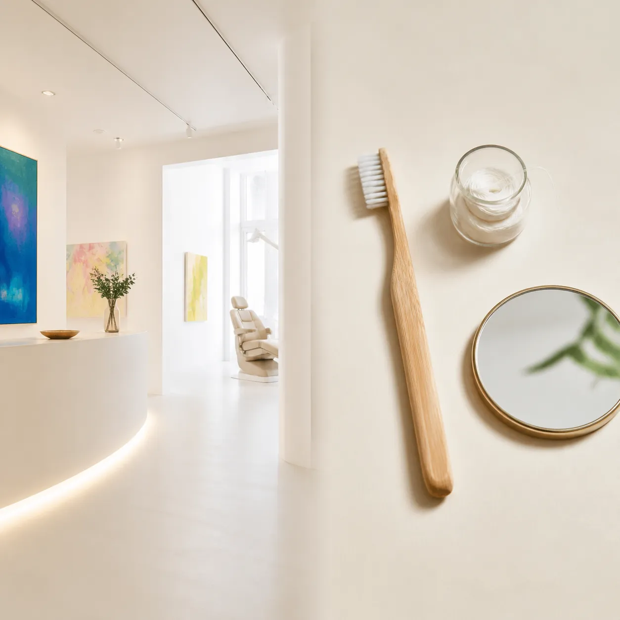 A bamboo toothbrush, floss in a glass jar and a small round mirror laid out on cream paper.