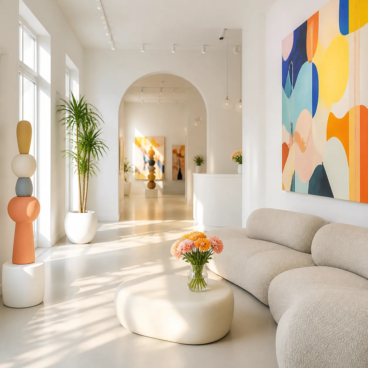 A lounge that reads like a small gallery: a carved totem, an arched niche, and a large abstract canvas.