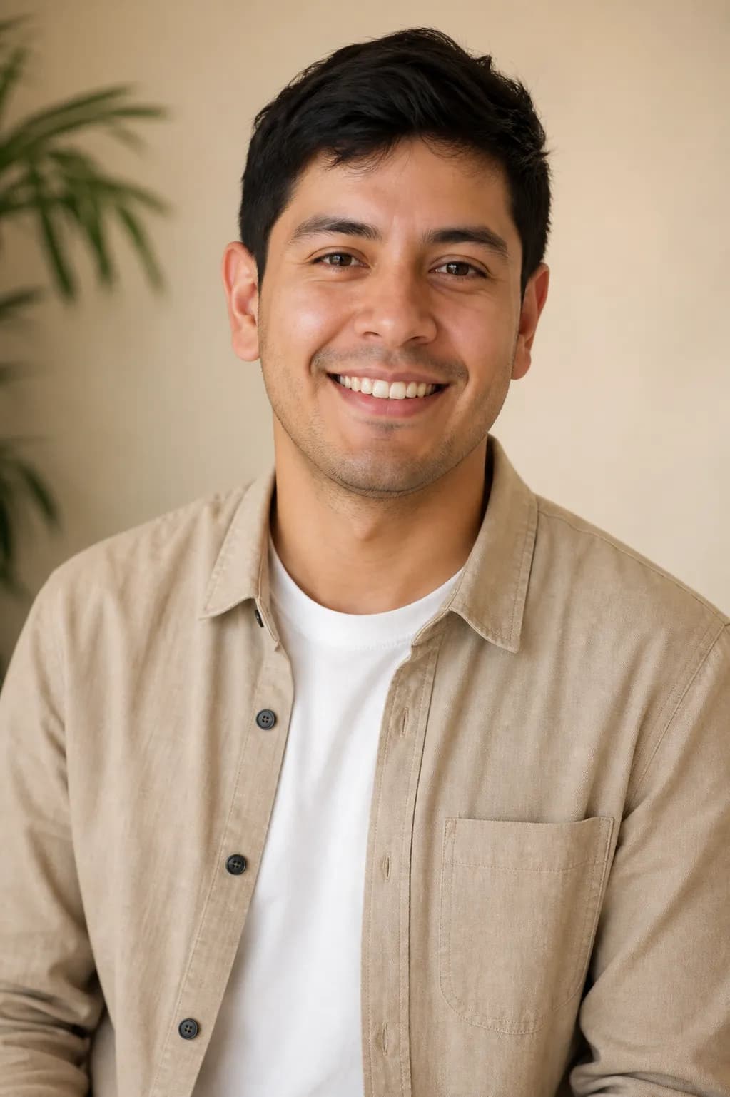 Devin, a front desk coordinator with short dark hair, grinning