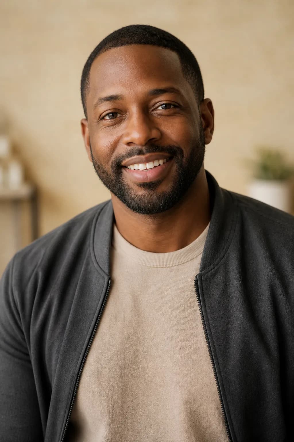 Marcus, a dentist with a short beard, smiling easily