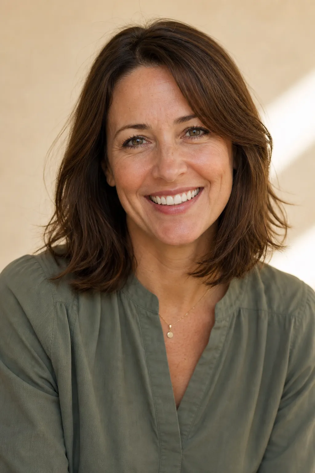 Nora, a dentist in her forties with shoulder-length brown hair, smiling warmly
