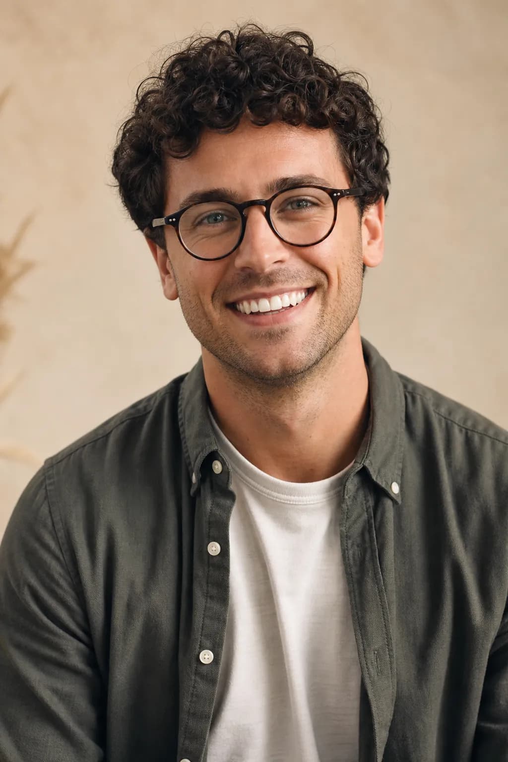 Theo, a dental hygienist with curly hair and glasses, smiling openly