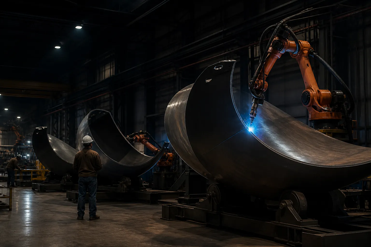 Large curved metal sections for energy equipment staged on cradles, a robot arm working one seam.
