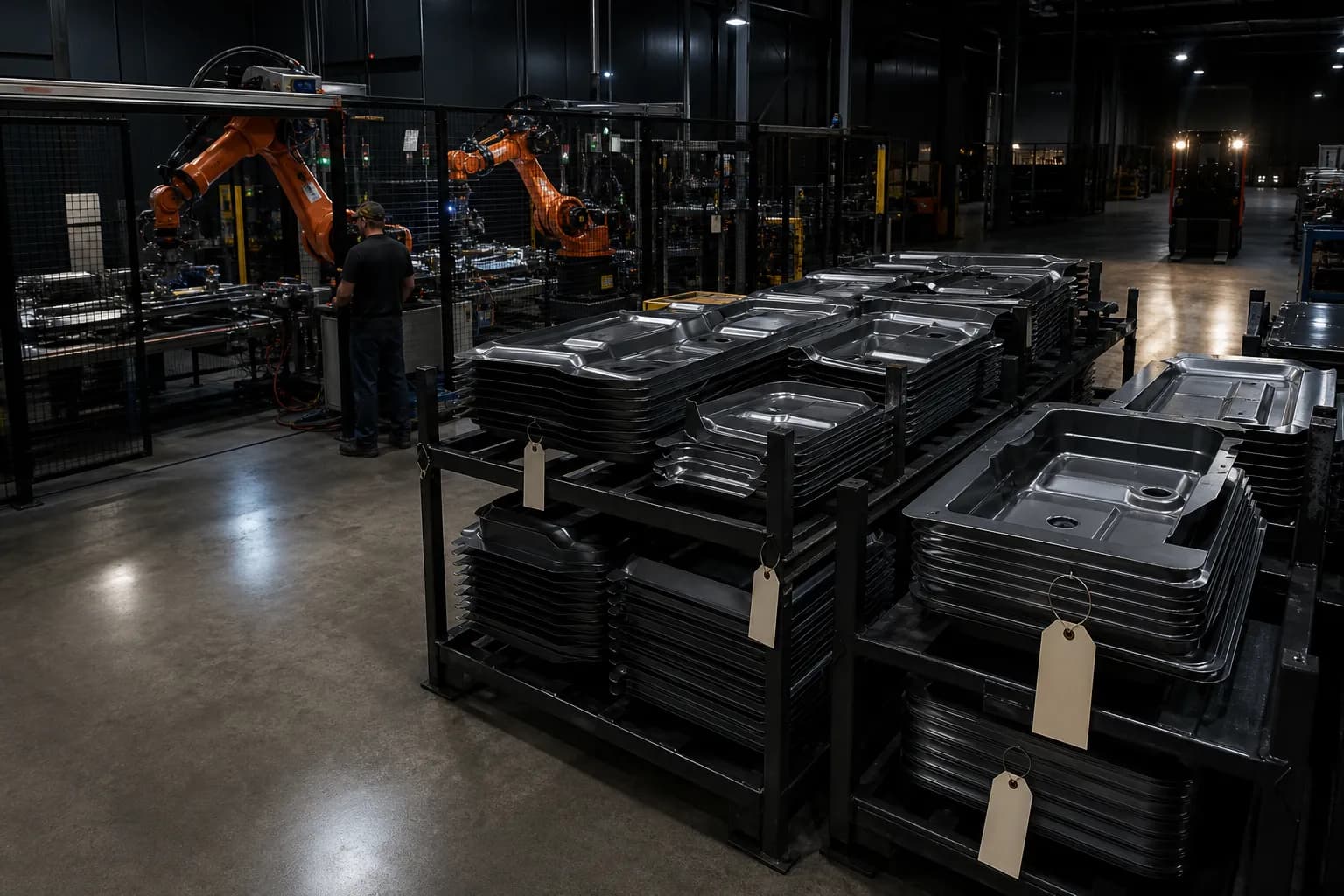 Stacks of formed metal panels on racks beside a robotic cell in a dark shop.