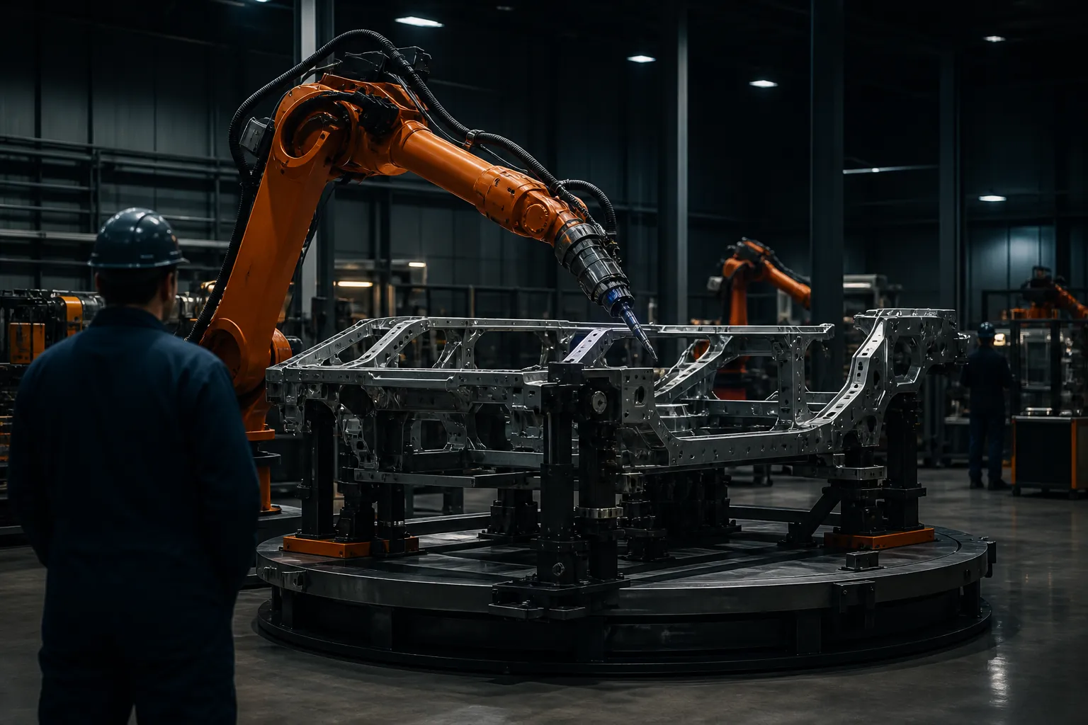 A vehicle chassis frame on a rotating fixture with a robot arm reaching into it.