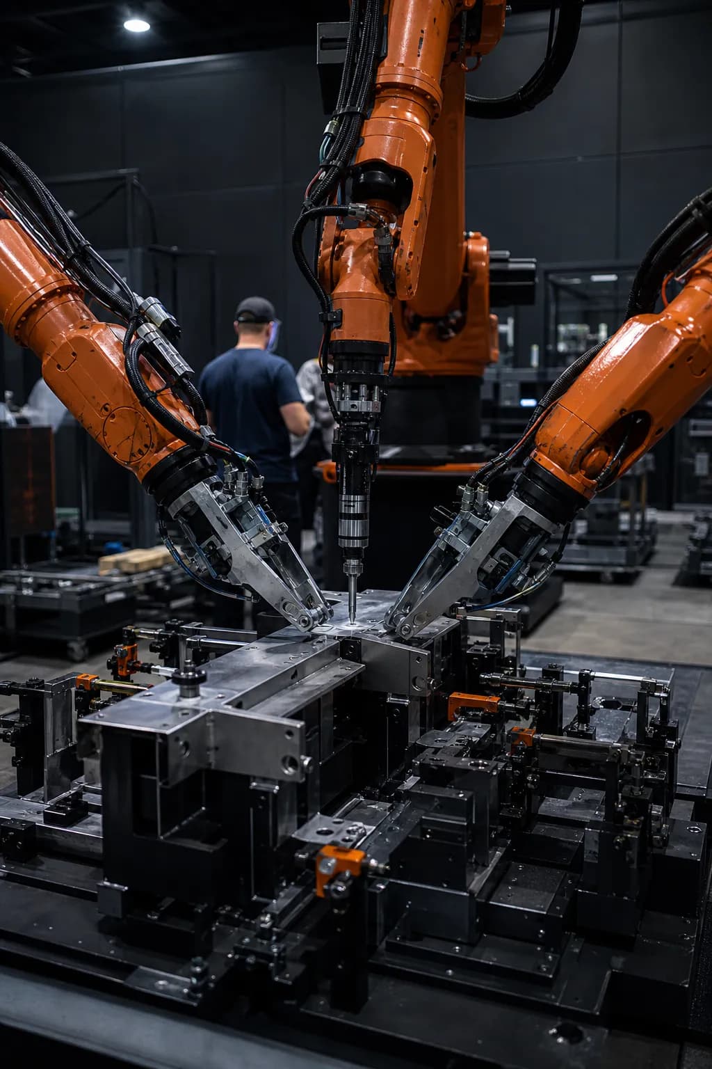Two robot arms holding parts in alignment while a third drives fasteners over a jig table.