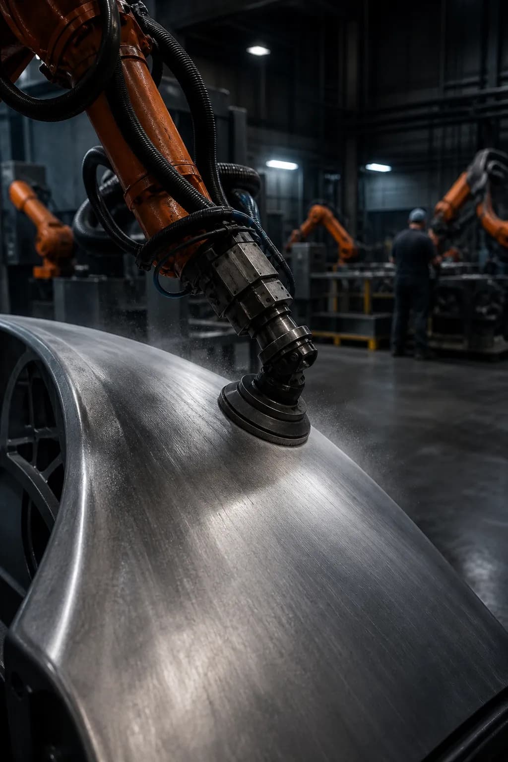 A robot arm with an abrasive head finishing a curved metal panel, fine dust in the work light.