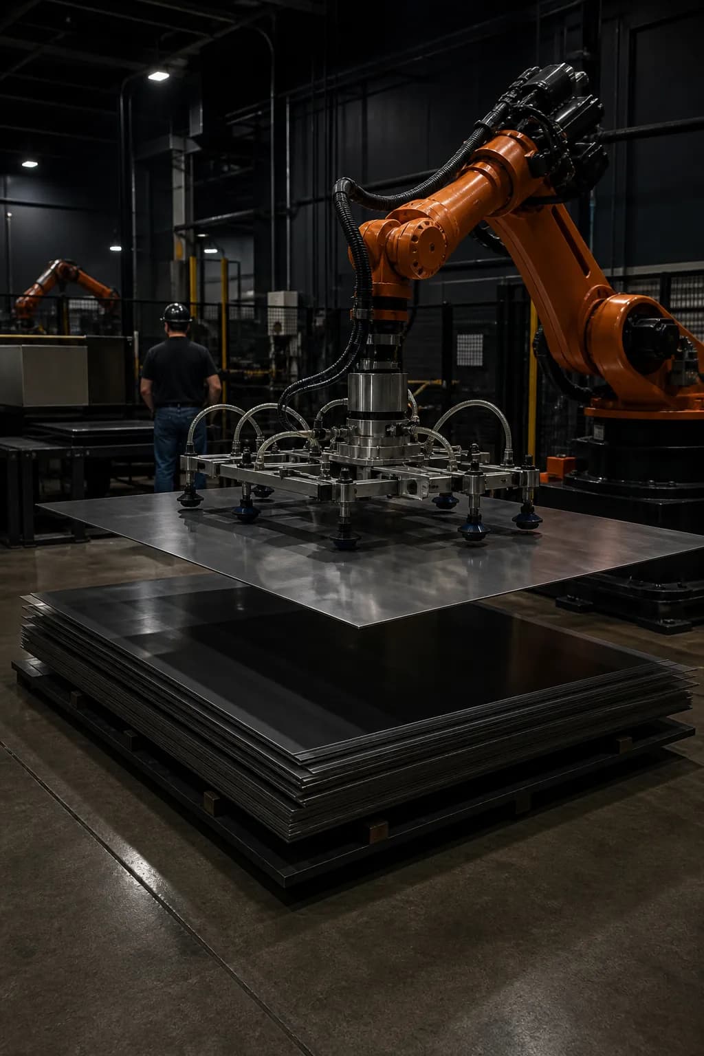 A robot arm with a vacuum gripper lifting a large sheet-metal blank from a stack.