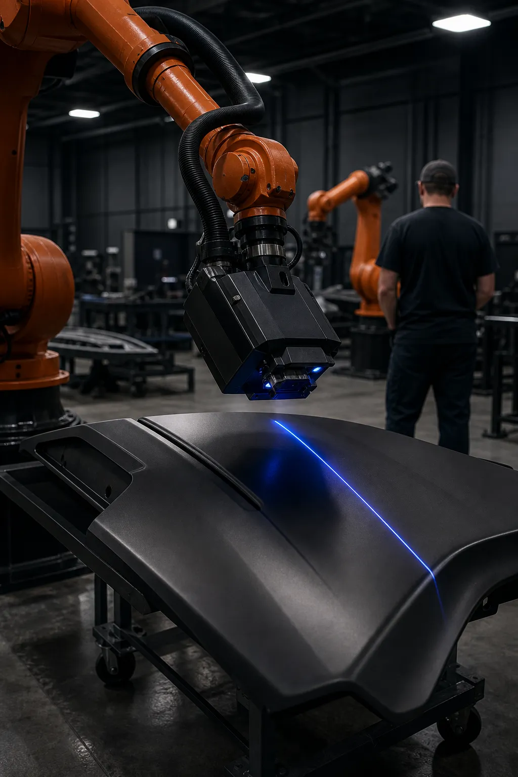 A robot arm holding a scanning head over a finished panel, a line of blue light sweeping the surface.