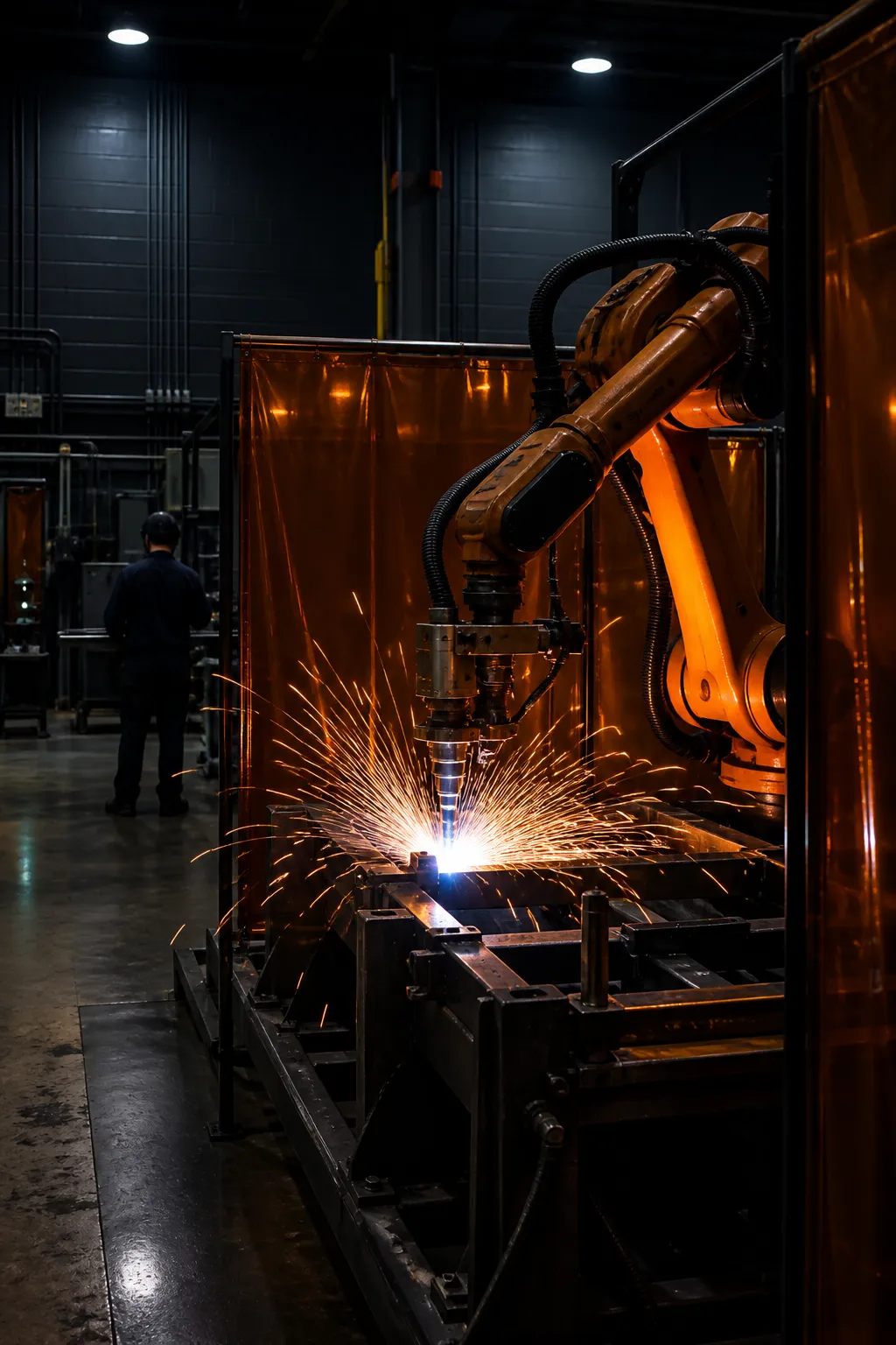 A welding robot mid-seam, a controlled fan of sparks lighting the cell.