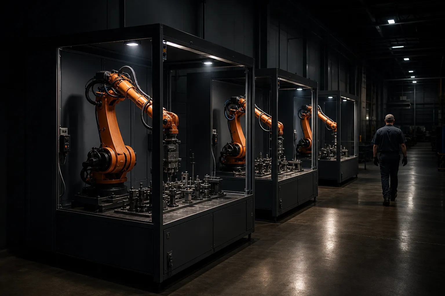Three identical robotic cells along a dark shop aisle, each pooled in its own work light.