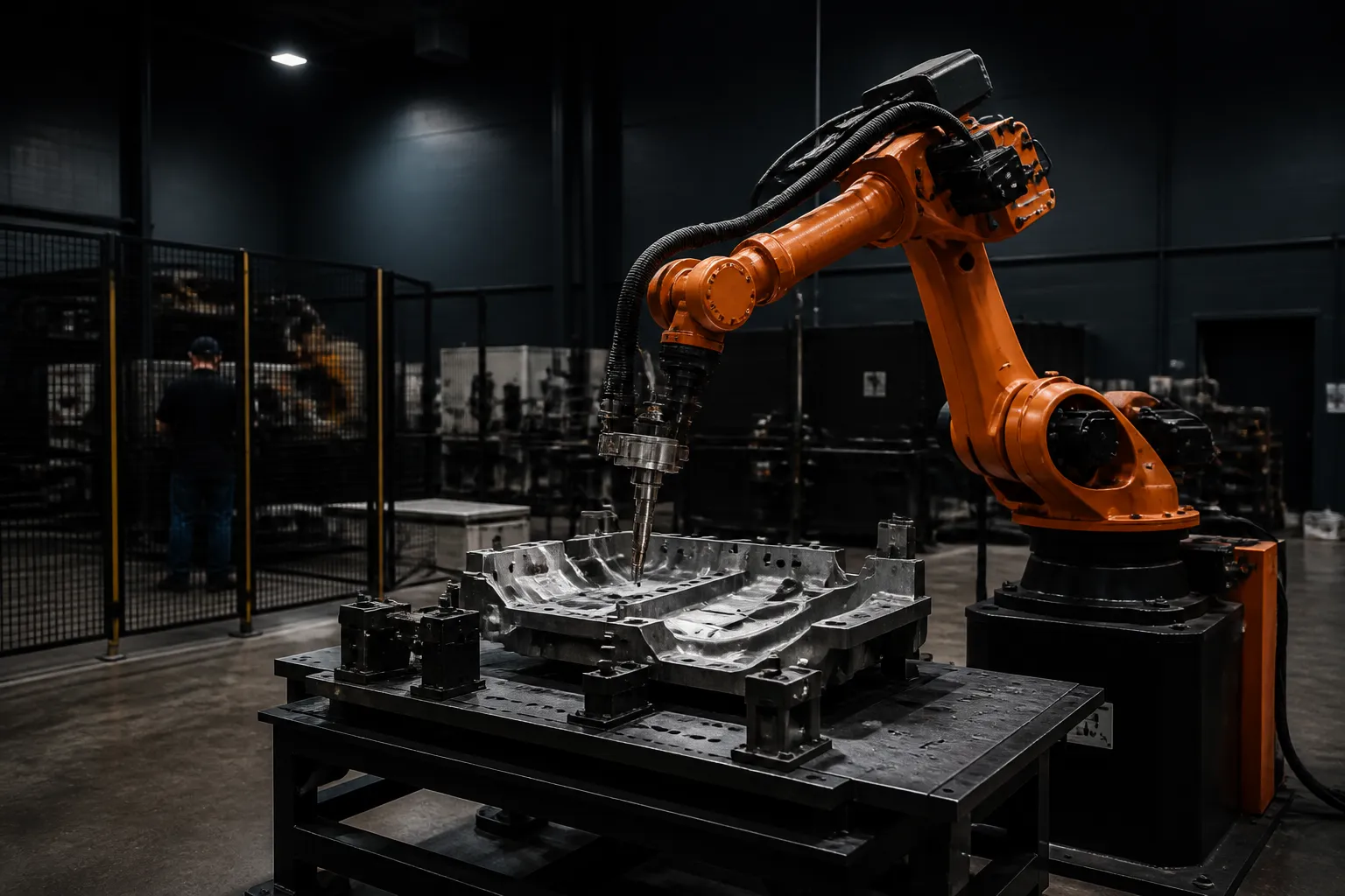 A single robotic work cell in a dark fabrication shop, one arm poised over a fixture table.