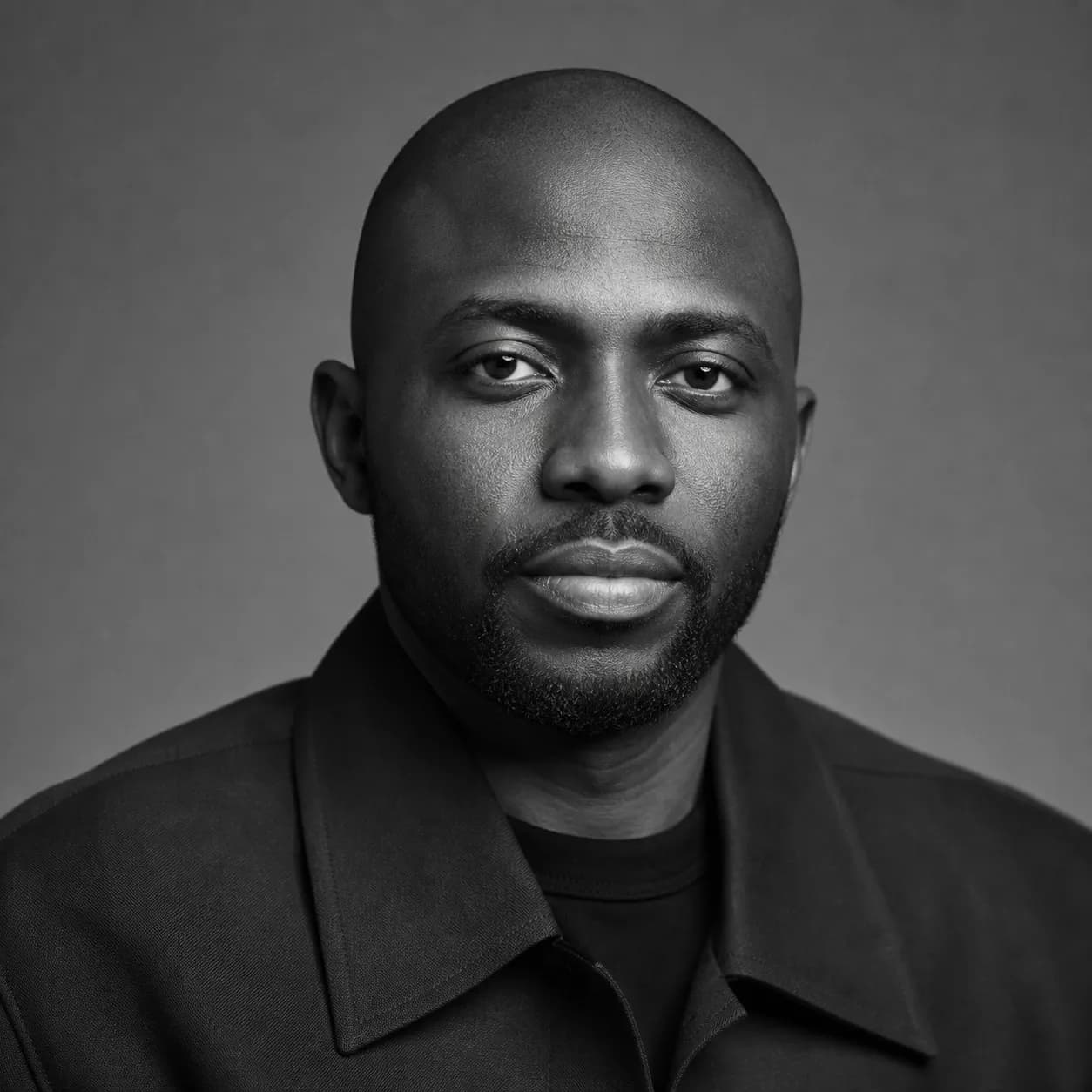 Black and white studio portrait of a presenter in a boxy jacket