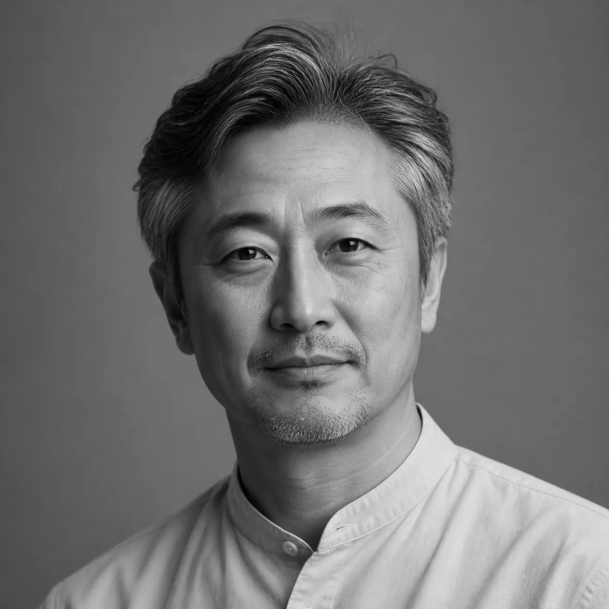 Black and white studio portrait of a presenter in a band-collar shirt