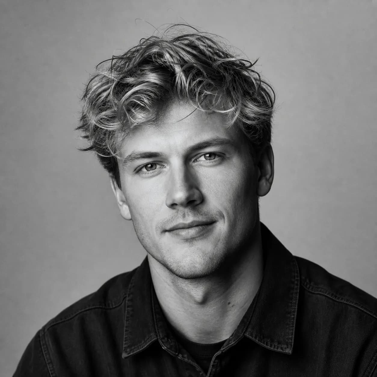 Black and white studio portrait of a presenter in a workwear shirt