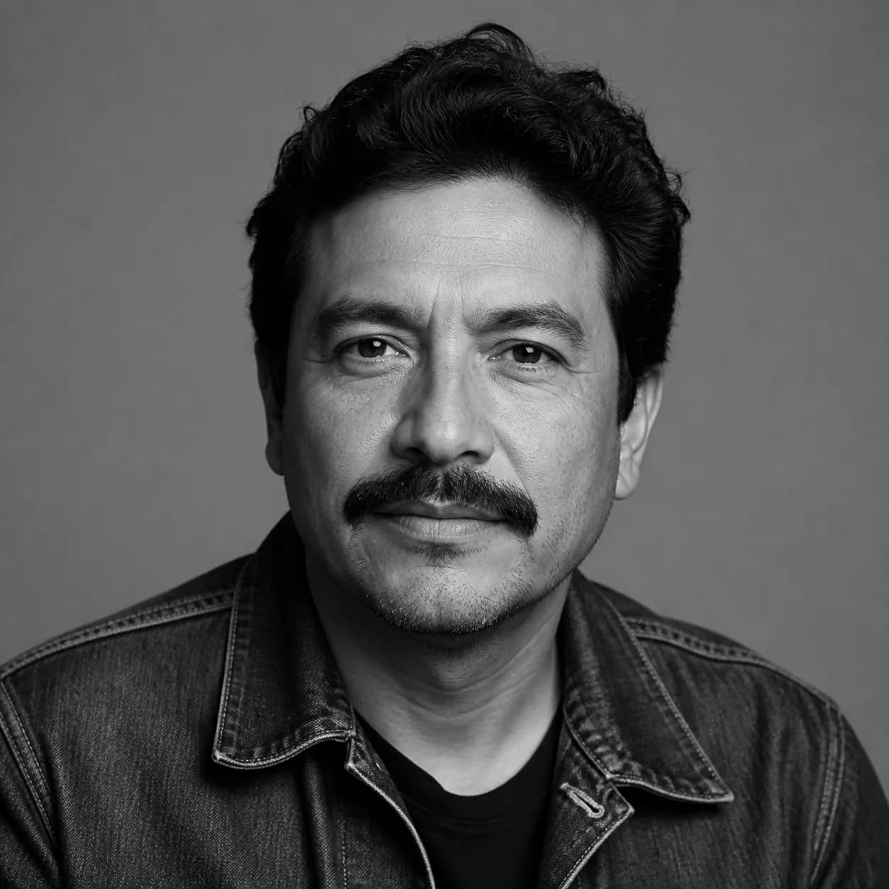 Black and white studio portrait of a presenter in a denim jacket
