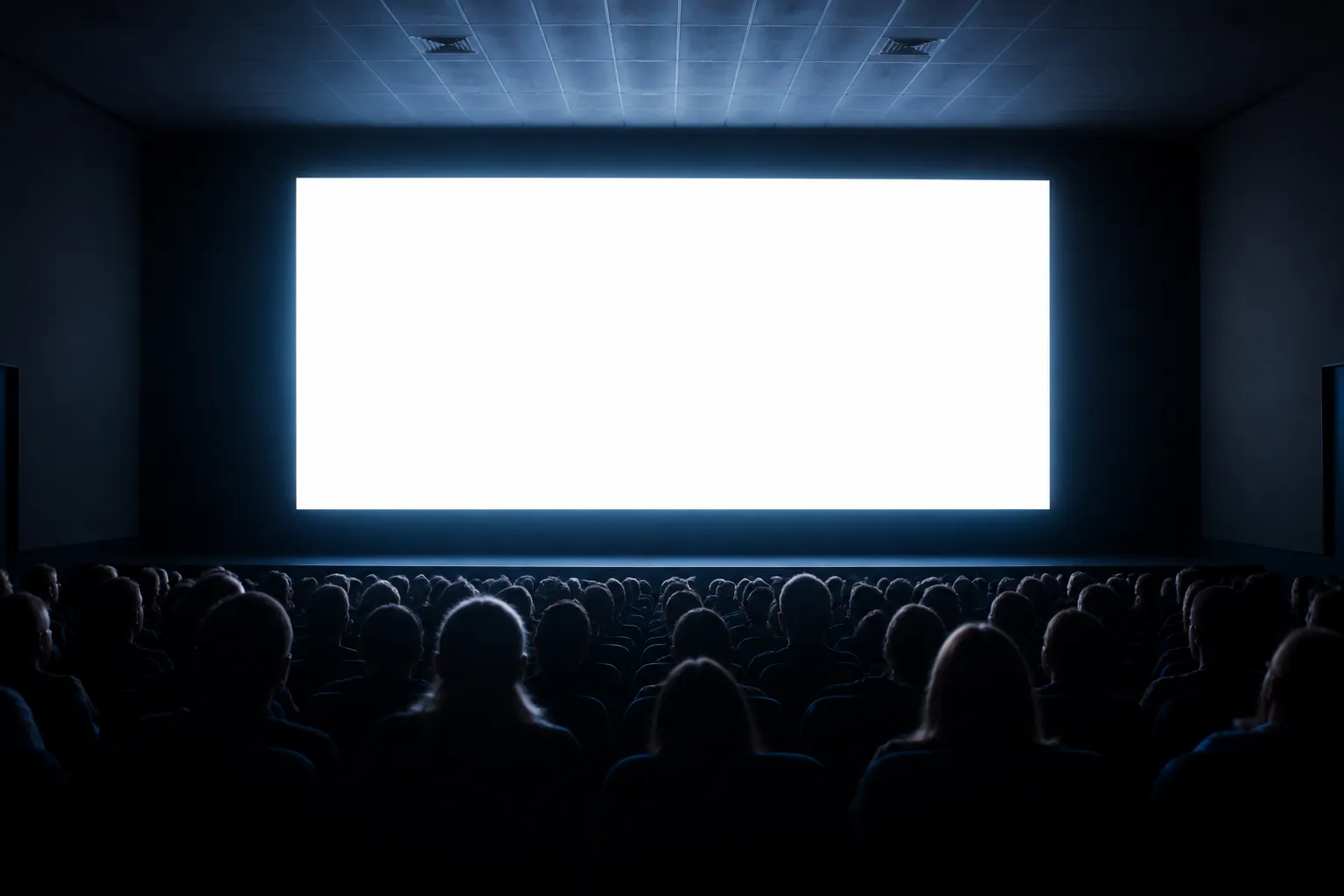 Wide view of a darkened festival hall, screens glowing at the far end