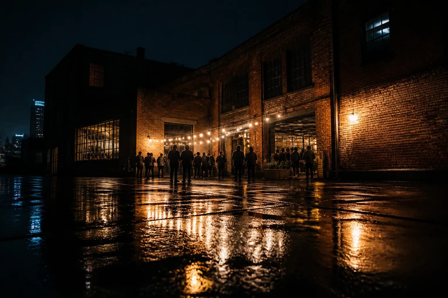 Distant silhouettes outside the venue at night