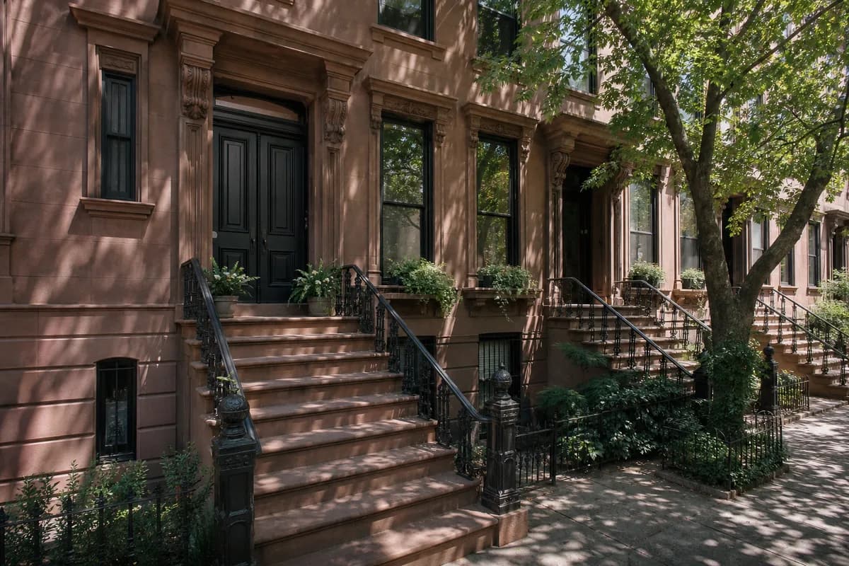 A Brooklyn brownstone with a high stoop, cast-iron railings and a panelled double door under a moulded hood