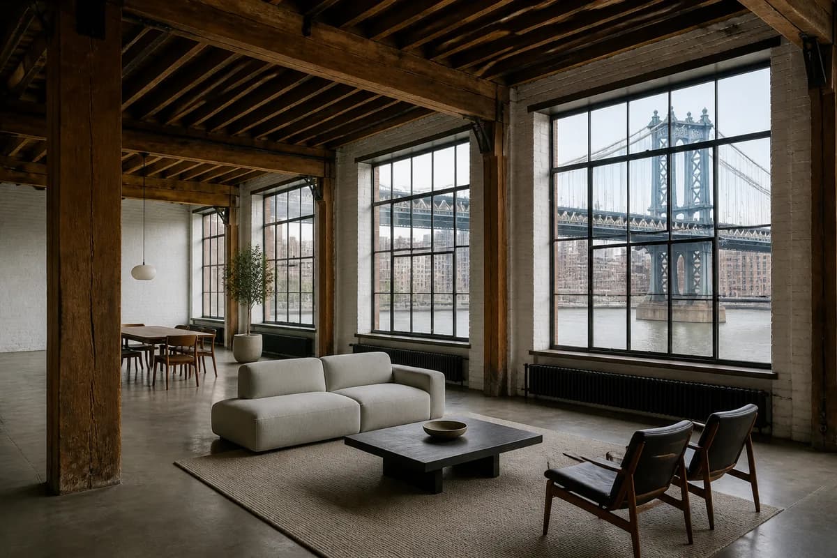 A Dumbo warehouse condominium with heavy timber posts and industrial steel windows framing the Manhattan Bridge