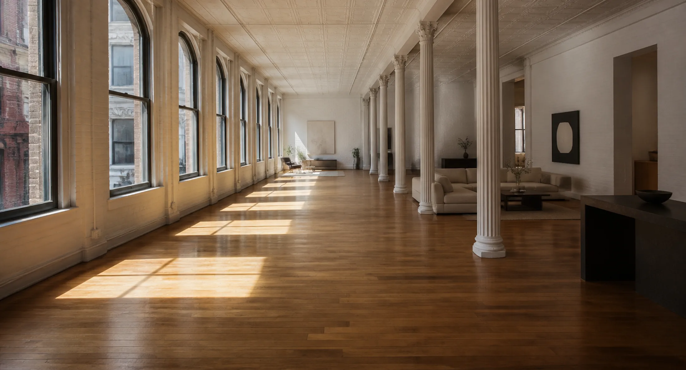 A wide view down a Tribeca cast-iron loft, arched steel windows on the left and afternoon light across the timber floor