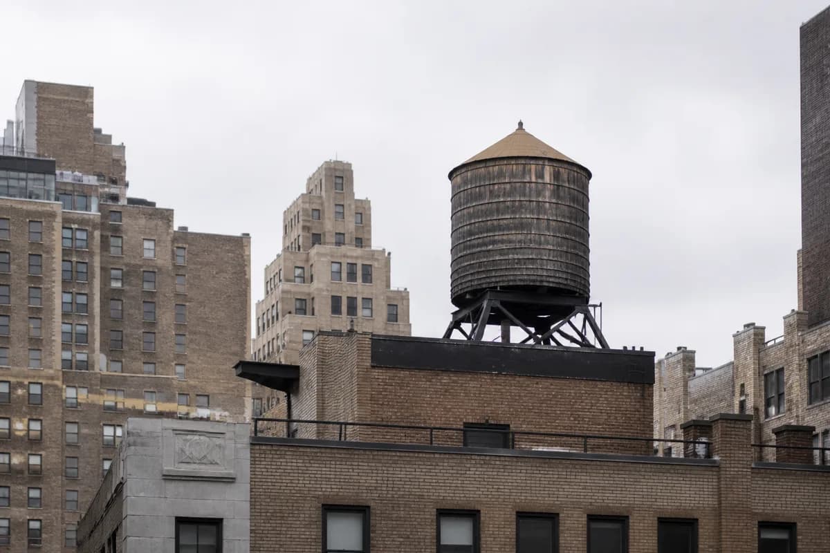 A wooden rooftop water tower on a low brick New York building against a plain overcast sky