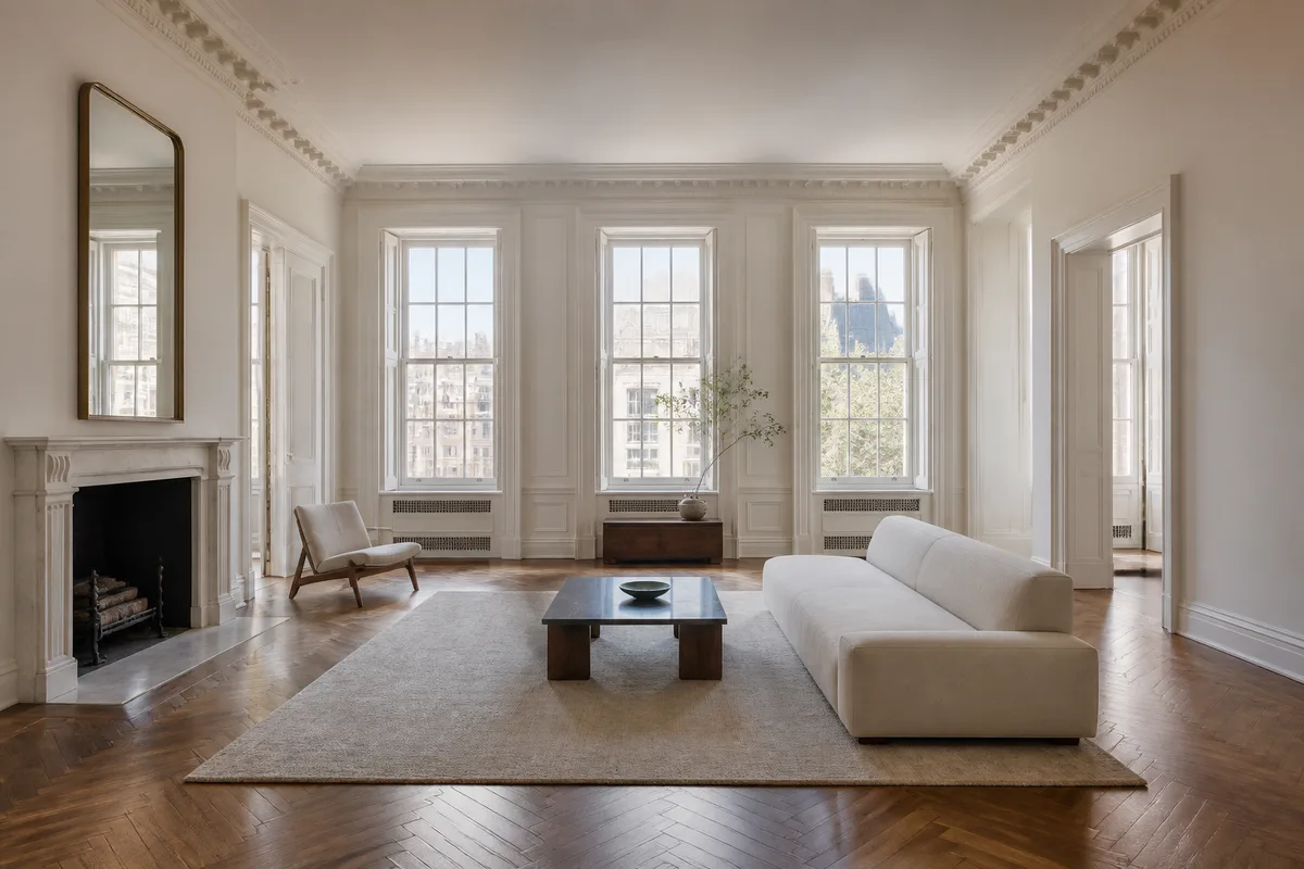A prewar Park Avenue co-op living room with deep plaster cornices, herringbone floors and a marble fireplace