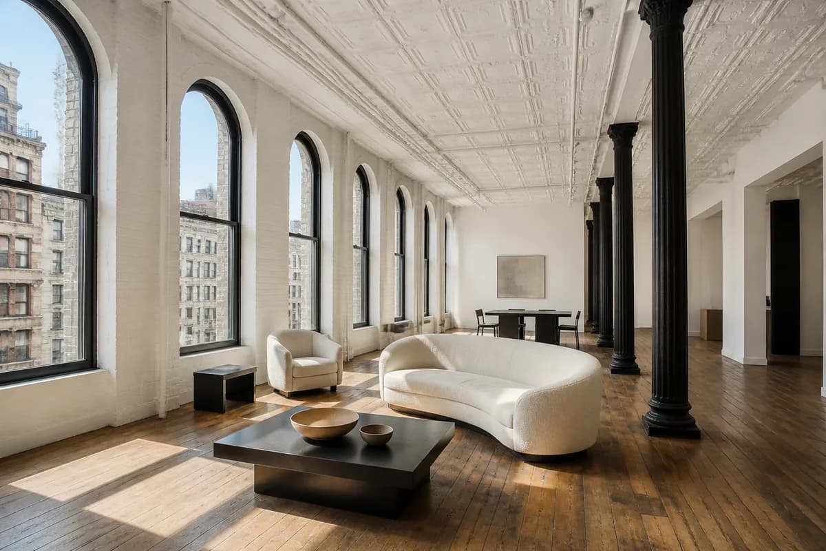 A Tribeca loft with tall arched steel-framed windows, cast-iron columns and wide timber floors