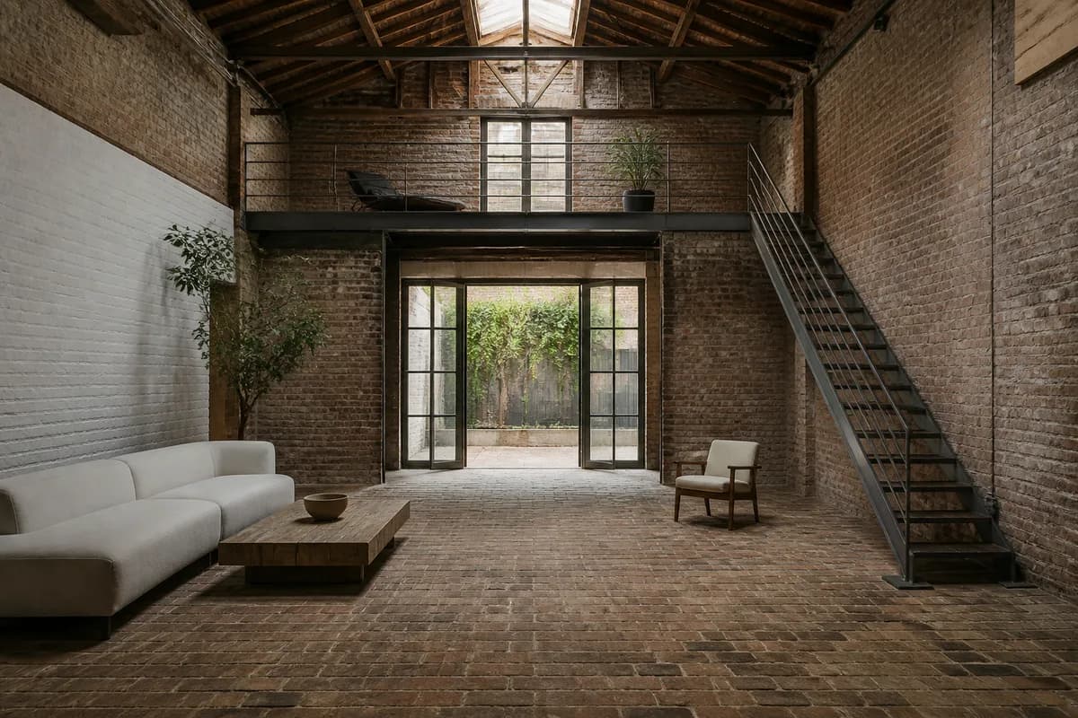 A West Village carriage house interior with a double-height room, exposed timber roof and a steel stair to a mezzanine