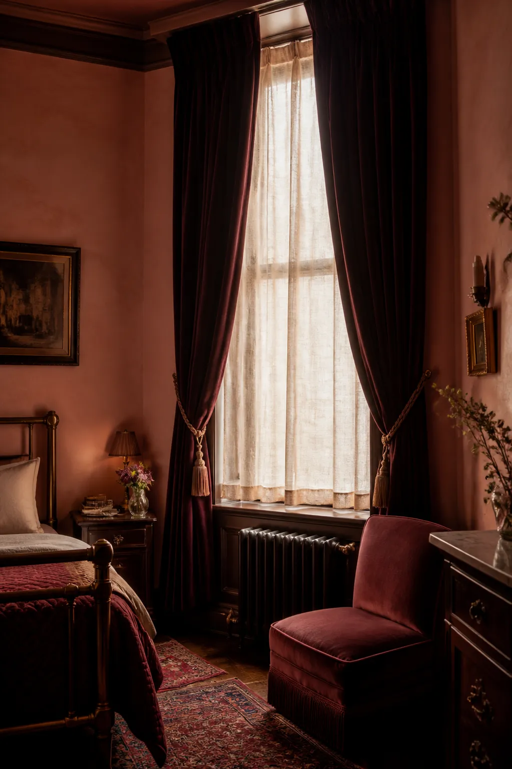A tall window with plum velvet drapes half drawn over a glowing curtain and a cast-iron radiator.