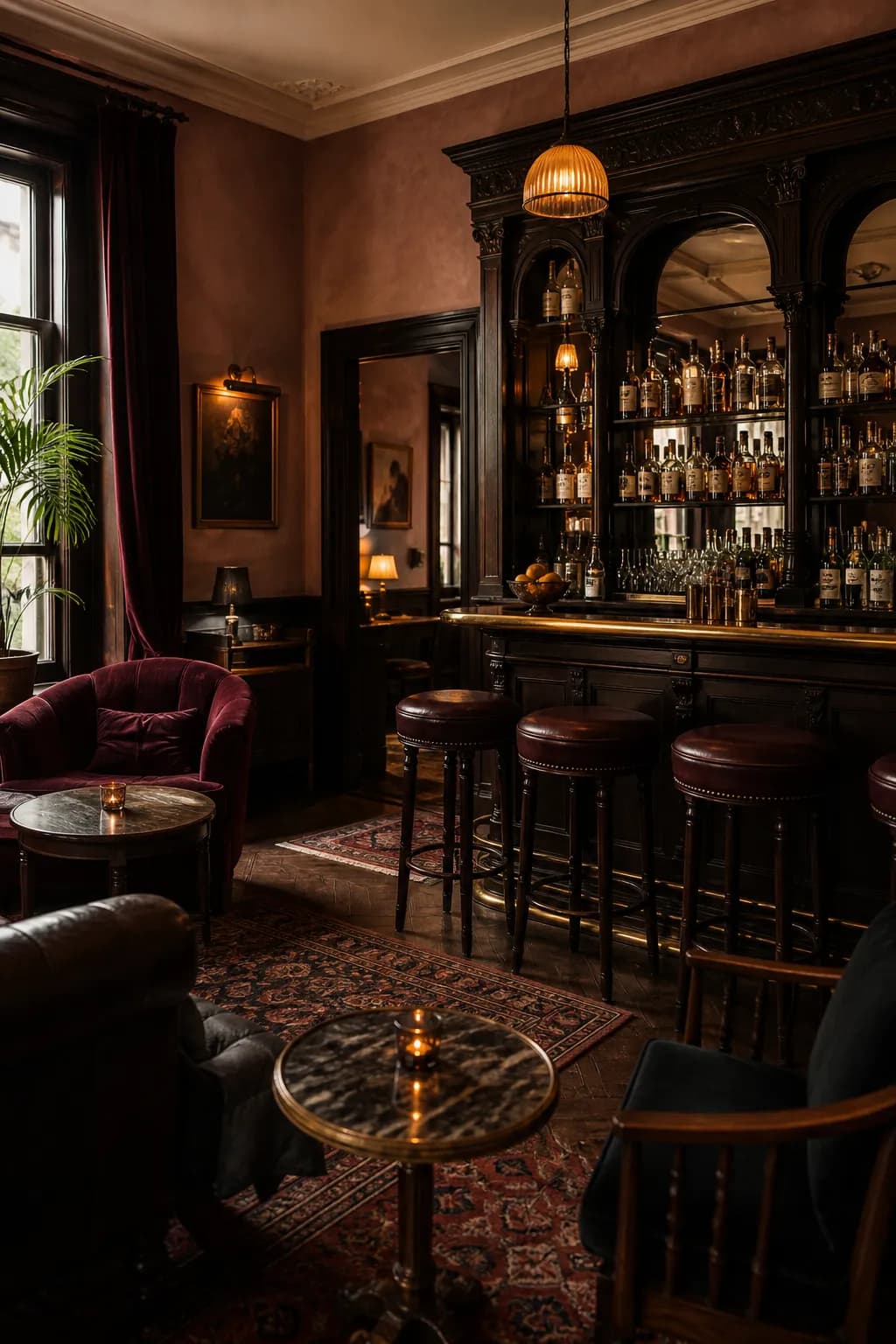 A small bar with a carved back-bar, mirrored shelves, a brass rail and oxblood leather stools.