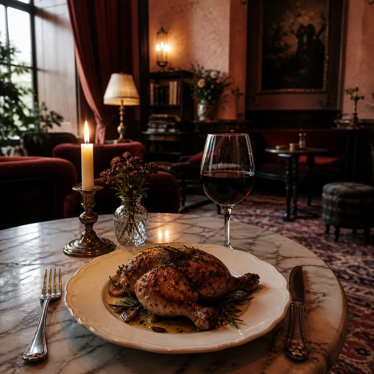 Roast chicken with herbs on cream china beside a glass of red wine and heavy silver cutlery.