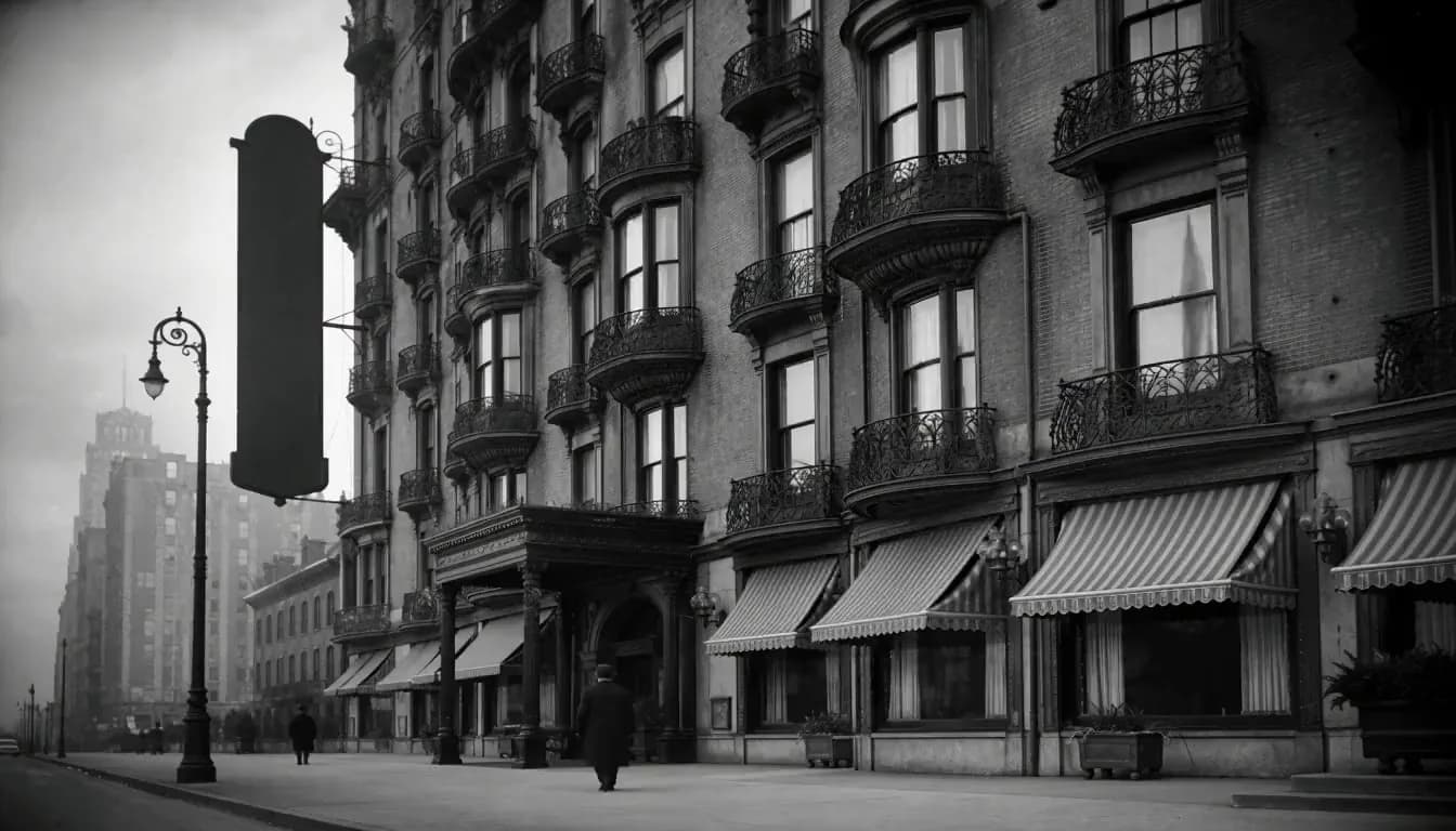 The hotel seen from across the street in an archival black and white photograph: red brick above cast-iron balconies, striped awnings over the ground floor, two figures far down the sidewalk.