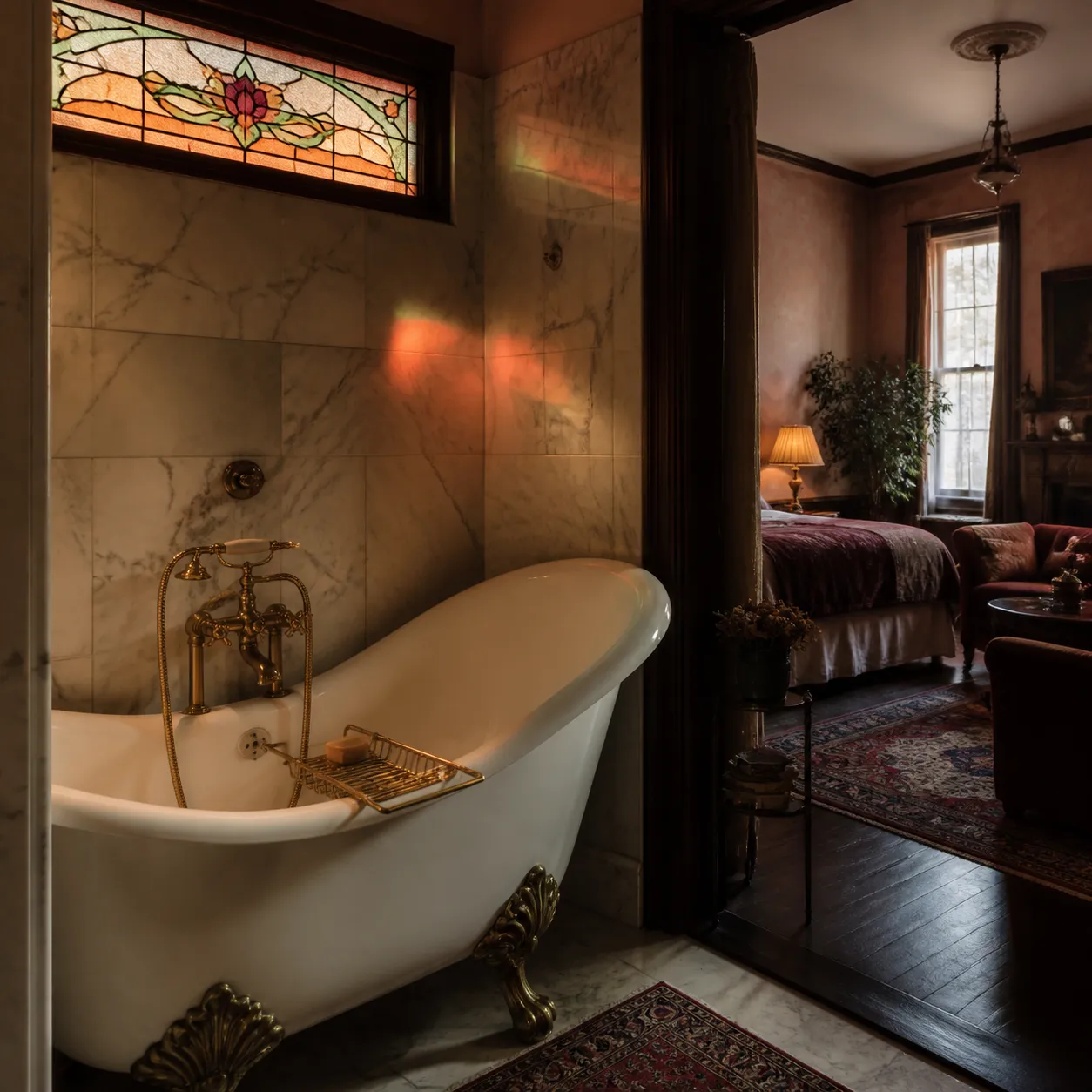 A deep clawfoot bath in a marble bathroom with brass taps and a small stained-glass transom.