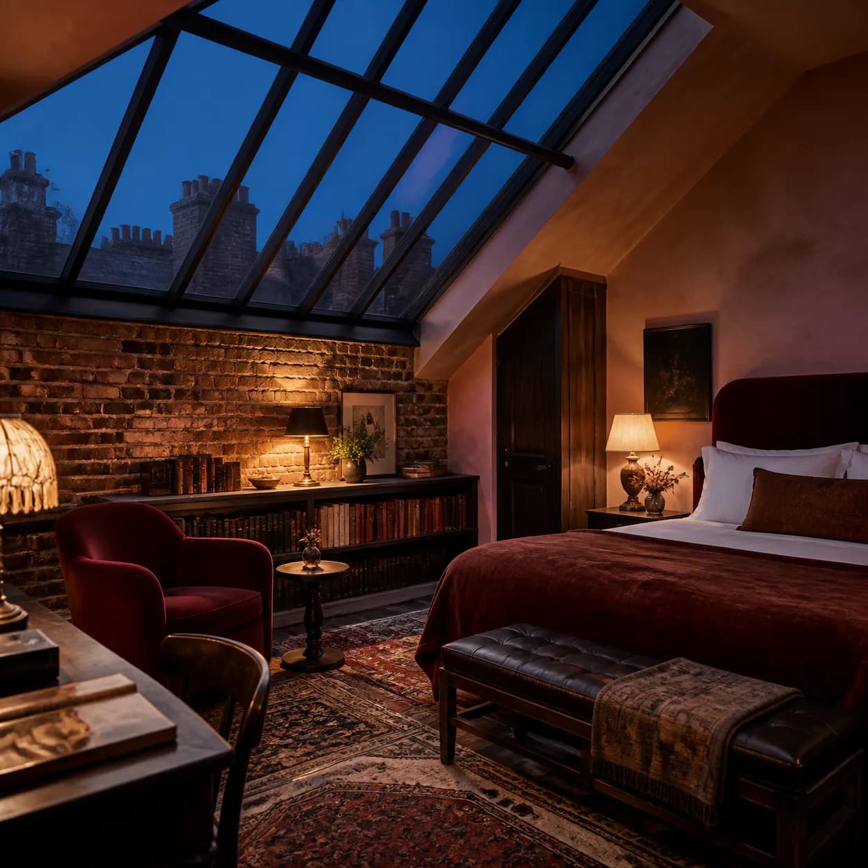 A garret skylight at dusk, deep blue through the glass and lamp glow on the brick below.