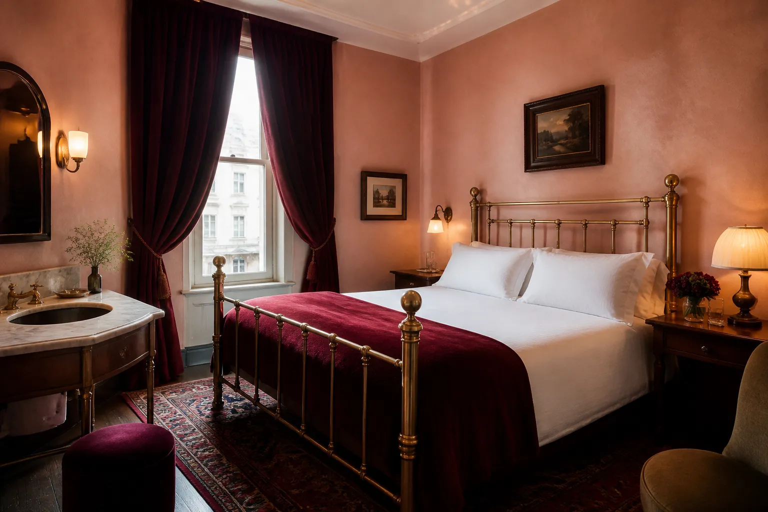 A compact room with a brass bed, white linen and an oxblood throw against blush plaster walls.