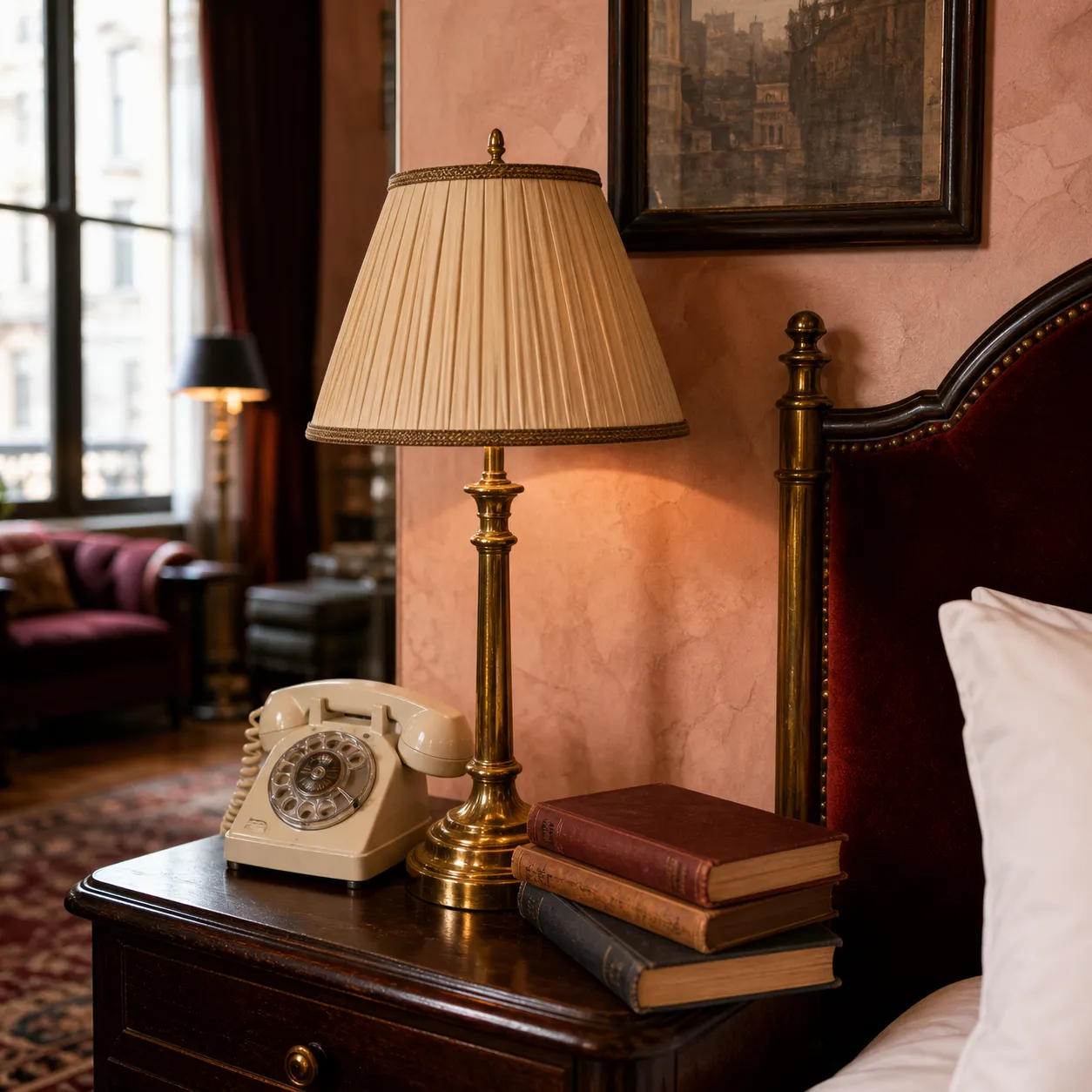 A nightstand with a pleated brass lamp, a cream rotary telephone and a stack of clothbound books.