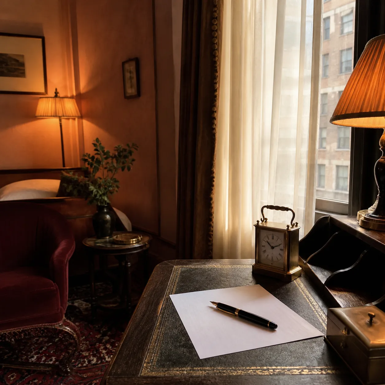 A writing desk by a tall window with a fountain pen on blank paper and a brass carriage clock.