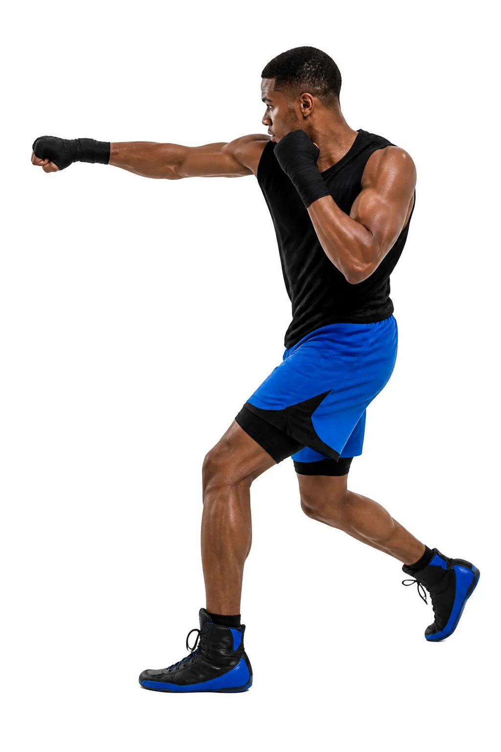 An athlete throwing a left hook, hands wrapped, turning on the ball of the front foot