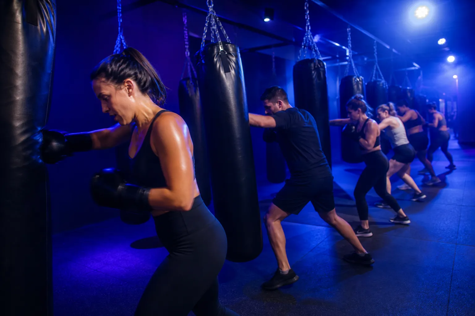 A row of people striking heavy bags in unison mid-round, cobalt light raking across the floor