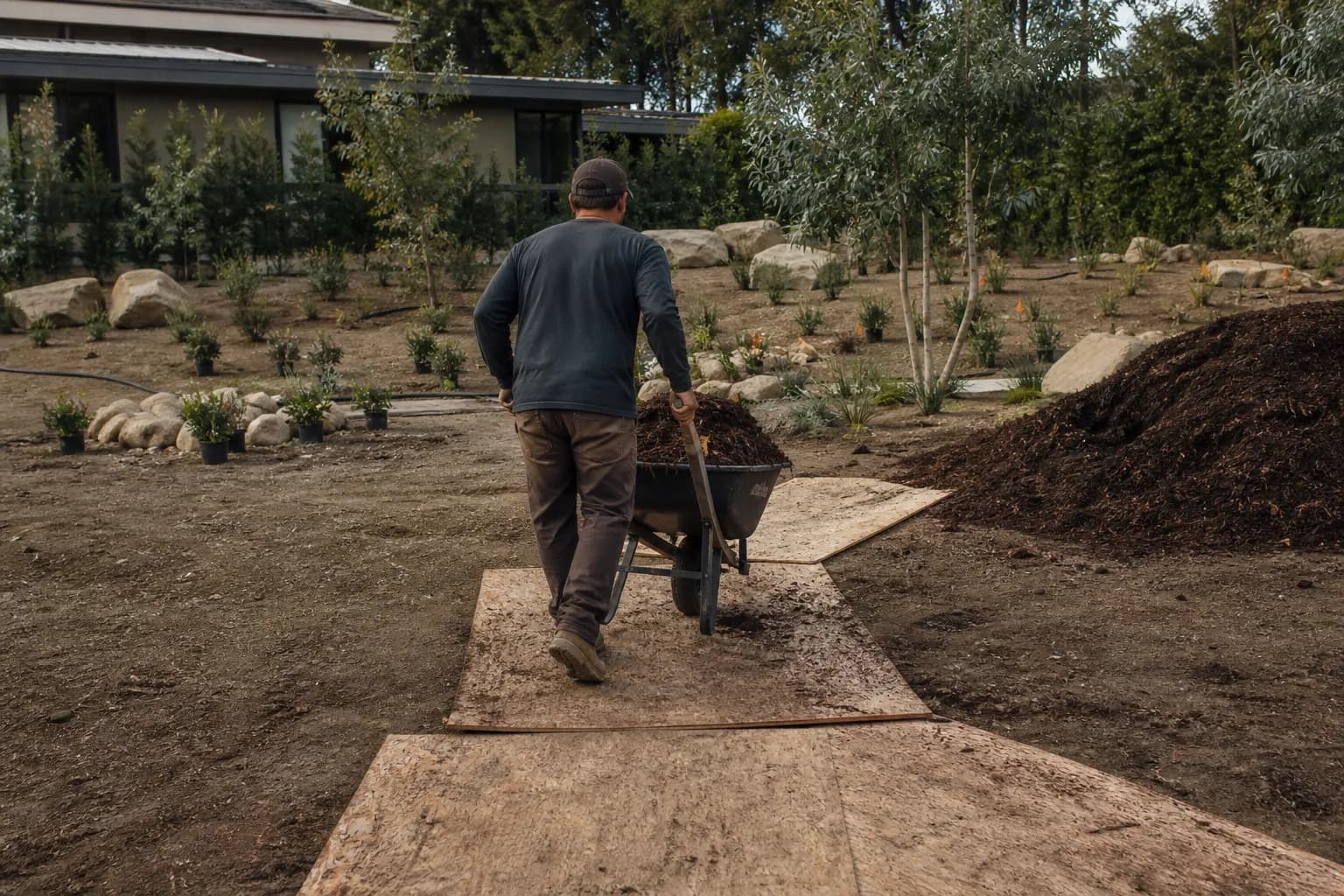 A crew member seen from behind pushing a wheelbarrow of mulch along plywood boards over a half-graded yard.